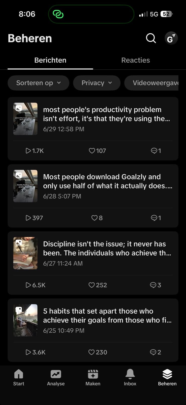 TikTok Studio screenshot of Goalzly's posts made with Vyral: 6.5K, 3.6K, and 1.7K views